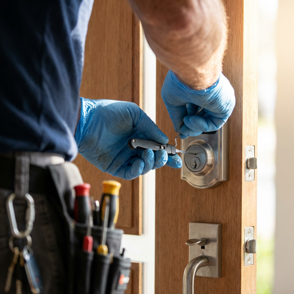 Professional locksmith working on a door lock